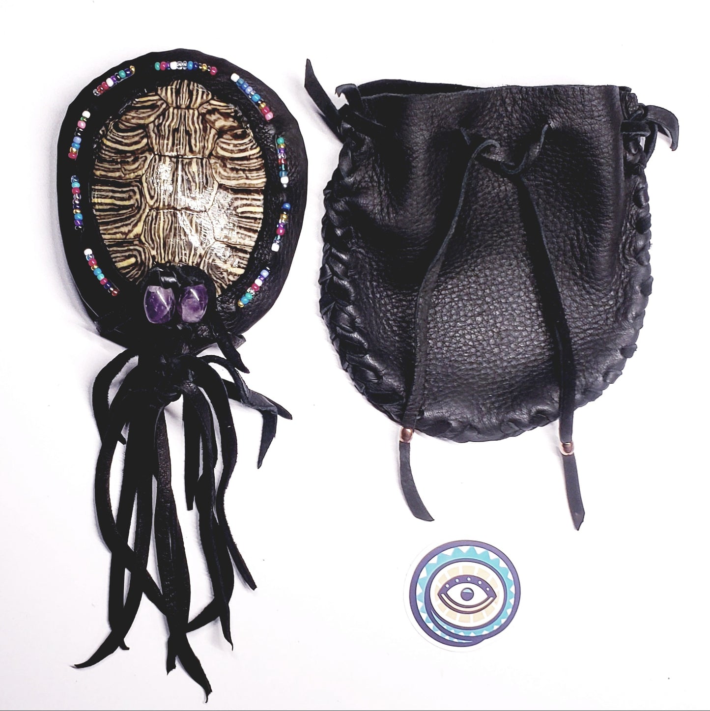 RED EARED SLIDER TURTLE RATTLE WITH LEATHER POUCH (reserved for Catherine)