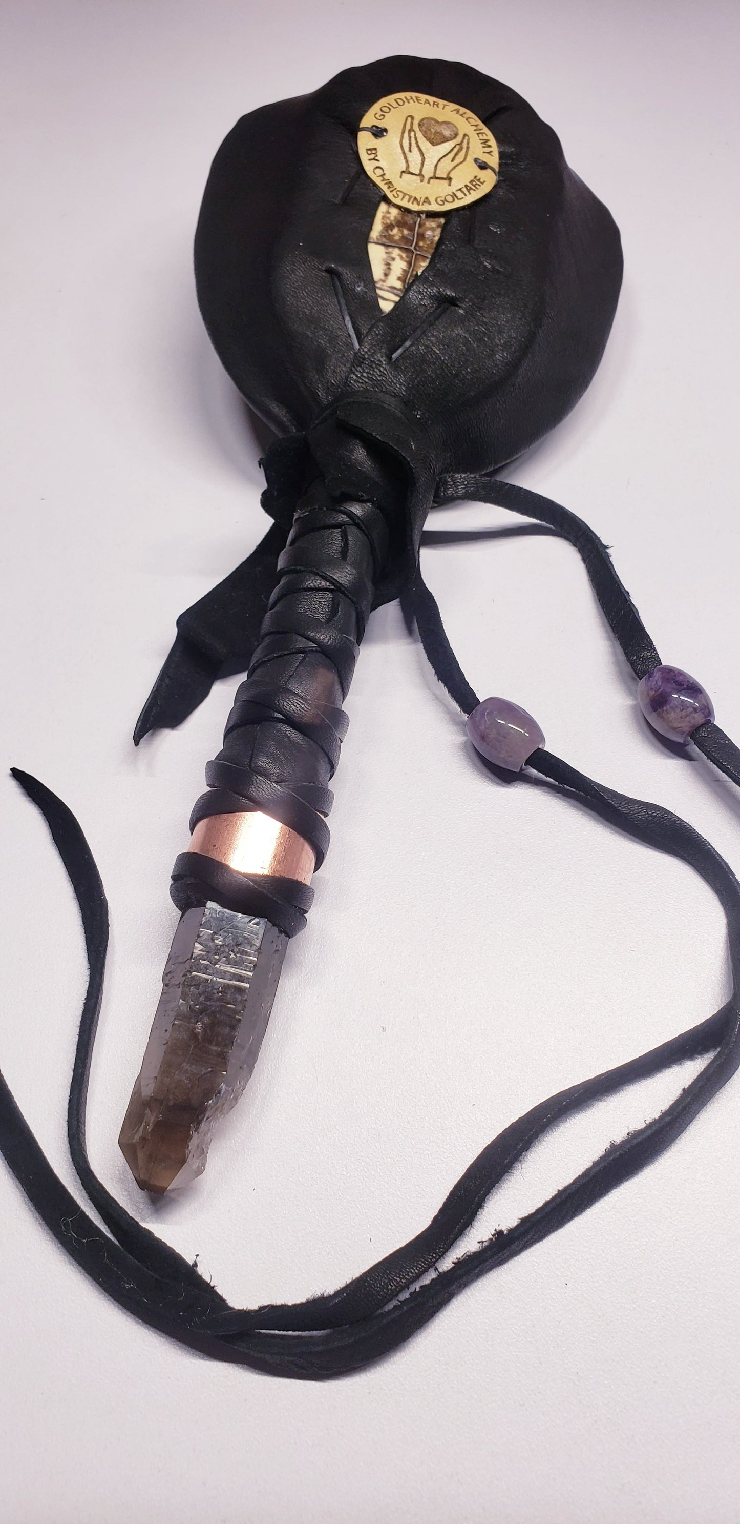 RED EARED SLIDER TURTLE RATTLE WITH COPPER AND SMOKY QUARTZ HANDLE