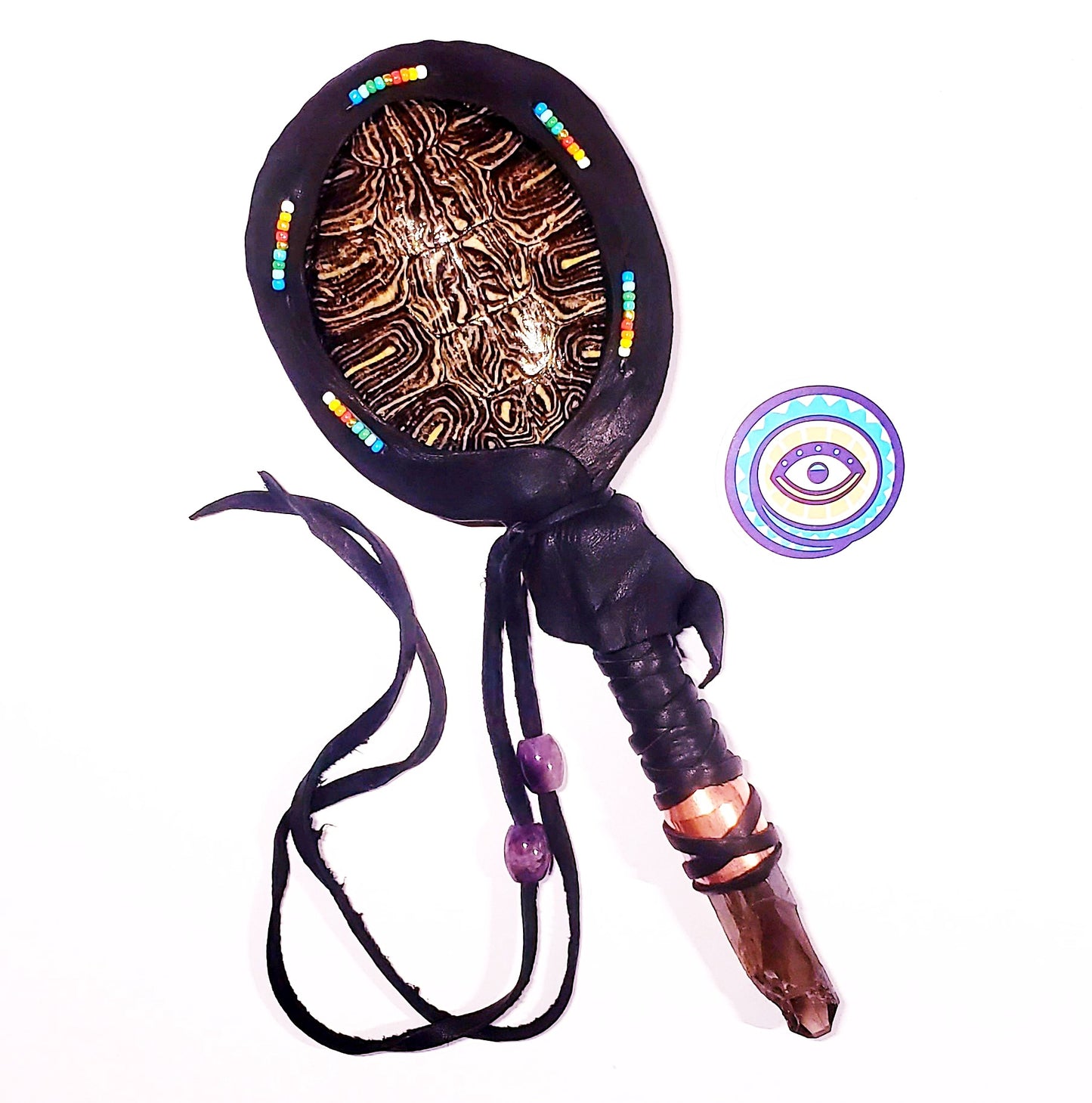 RED EARED SLIDER TURTLE RATTLE WITH COPPER AND SMOKY QUARTZ HANDLE