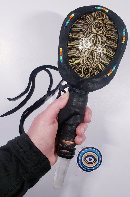 RED EARED SLIDER TURTLE RATTLE WITH COPPER AND MONGOLIAN QUARTZ HANDLE