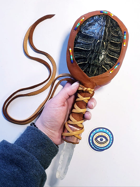 RED EARED SLIDER TURTLE RATTLE WITH COPPER AND MONGOLIAN QUARTZ HANDLE