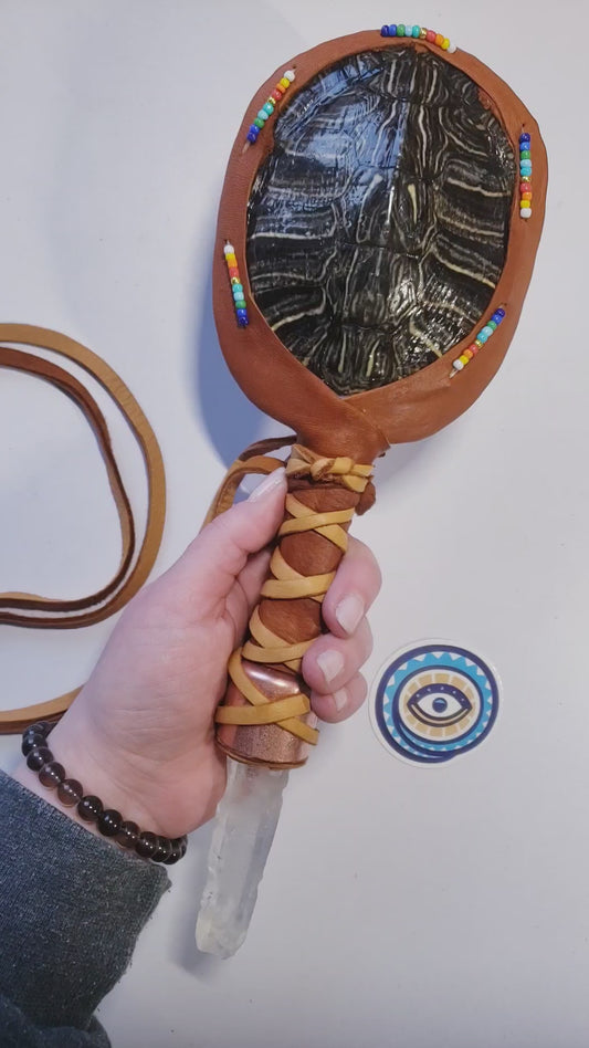 RED EARED SLIDER TURTLE RATTLE WITH COPPER AND MONGOLIAN QUARTZ HANDLE