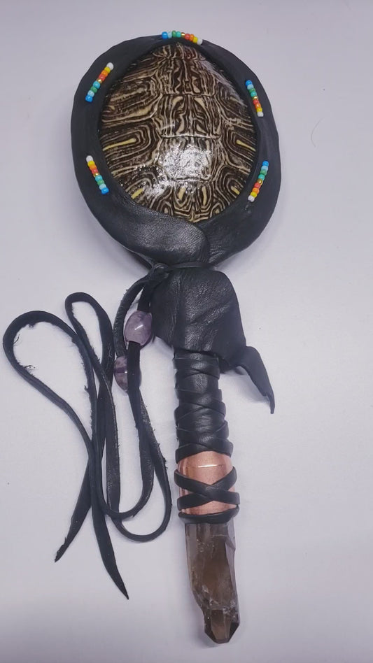 RED EARED SLIDER TURTLE RATTLE WITH COPPER AND SMOKY QUARTZ HANDLE