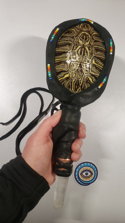 RED EARED SLIDER TURTLE RATTLE WITH COPPER AND MONGOLIAN QUARTZ HANDLE