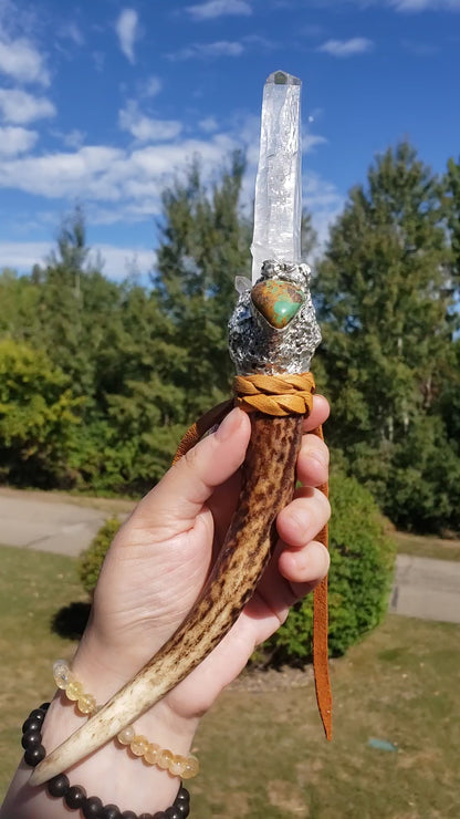 BRAZILIAN DIAMANTINA LASER QUARTZ, TURQUOISE AND DEER ANTLER WAND