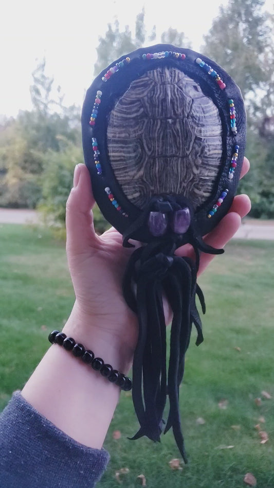 RED EARED SLIDER TURTLE RATTLE WITH LEATHER POUCH (reserved for Catherine)